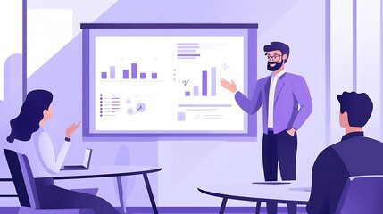 Businessman giving presentation to colleagues, showing graphs and charts on projector screen in modern office.