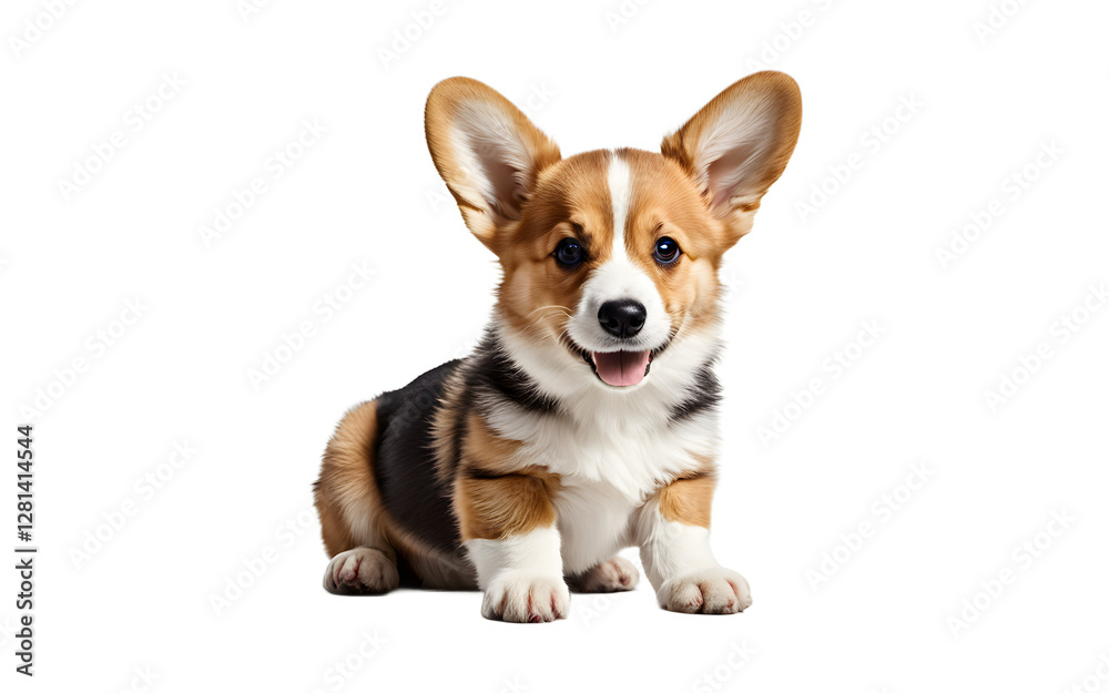 Poster a cheerful corgi puppy with short legs and big ears, isolated on a empty plain background