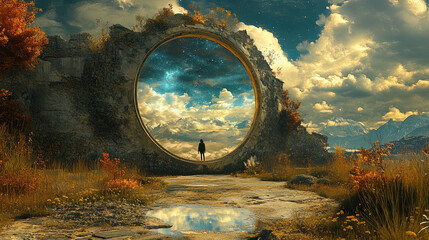 A surreal scene of a person stepping into a painting, becoming part of a fantasy world