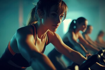 Naklejka premium Spinning Class: Fitness and Sports at Gym with Group of People on Exercise Bikes