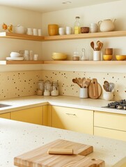 A sunlit kitchen displays minimalist interior design with wooden shelves