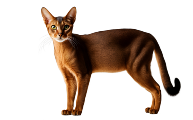 A curious Abyssinian cat with a sleek coat standing alert, isolated on a empty plain background