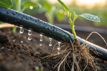 Close-up of drip irrigation system watering plant in a garden.