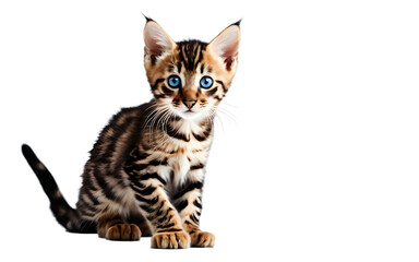 A curious Bengal kitten with bright blue eyes exploring, isolated on a empty plain background