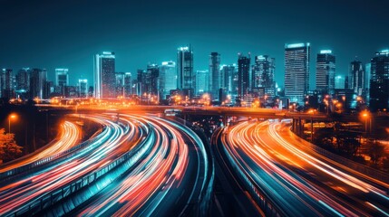 Fototapeta premium Night Cityscape Showing Traffic Light Trails and Skyscrapers