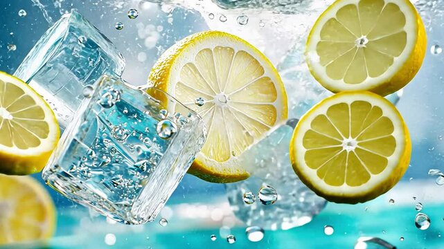 Refreshing summer scene with lemon slices and ice cubes in clear water.