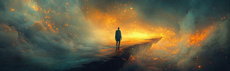 Fototapeta premium A surreal scene of a person stepping into a painting, becoming part of a fantasy world