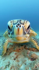 Obraz premium Captivating underwater portrait of a green sea turtle gracefully resting on the ocean floor with serene blue background