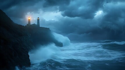 Fototapeta premium Lighthouse on cliff during stormy night, large waves crashing against rocks.