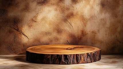 Rustic Wooden Slice Display Stand Against Textured Wall