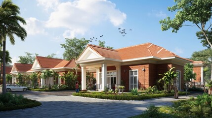 Beautiful Mansion Surrounded by Lush Gardens and Colorful Flowers During a Sunny Day in a Tranquil Outdoor Setting