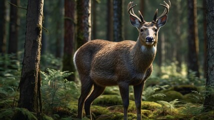 Fototapeta premium A detailed and realistic depiction of a Siberian musk deer standing gracefully in a dense, forested environment.