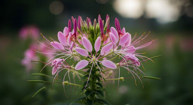 Delicate pink cleome hassleriana in soft evening light also known as a spider flower, with its long, slender stamens and delicate petals, set against a softly blurred background