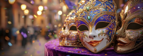 Colorful masquerade masks displayed on a table, with festive lights and a vibrant atmosphere, perfect for a celebration or carnival.