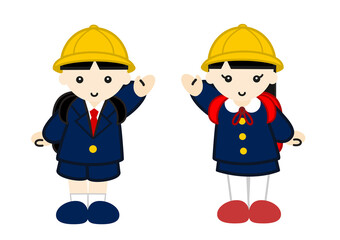 手をふる新一年生の男の子と女の子