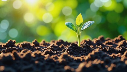Photorealistic image of a seedling in soil with sunlight streaming through lush greenery