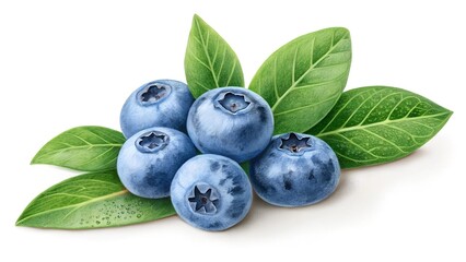 Fresh Blueberries and Leaves: A close-up studio shot captures a cluster of fresh, ripe blueberries nestled among vibrant green leaves.
