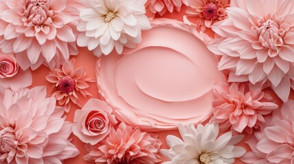 Beautifully arranged floral flat lay with pink cosmetic cream at the center, emphasizing a luxurious skincare routine