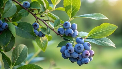 Fototapeta premium Berry Bounty: A close-up shot of ripe blueberries hanging from a leafy branch, captured in soft focus, showcasing their vibrant colors and the freshness of nature. 