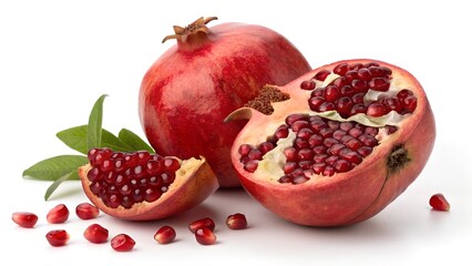 Crimson Jewels of the Orchard: A vibrant display of pomegranates, showcasing the rich color and juicy interior of a whole fruit and a sliced one. The seeds, a symbol of life and abundance.