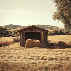 A retro-style hay shelter, featuring a rustic design and traditional elements, set in a rural landscape.
