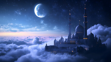 Fototapeta premium Ramadan Islamic mosque background floating in the clouds in the sky