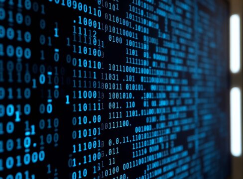 Futuristic Blue Binary Code Display for Cyber Security and Data Processing