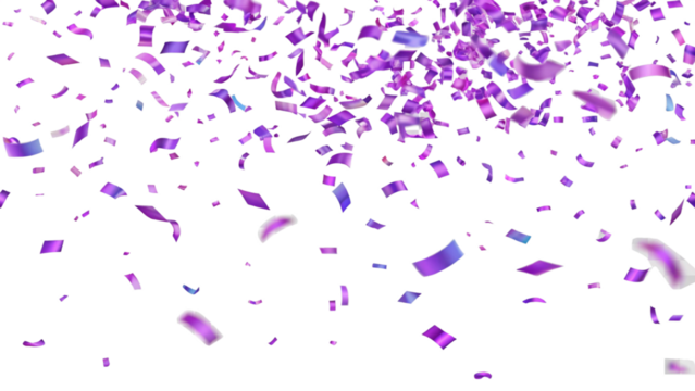Falling shiny purple confetti on transparent background.