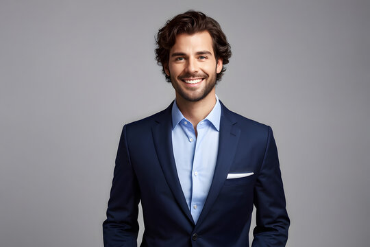 A man in a blue suit and blue shirt is smiling