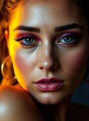 Stunning Woman with Dramatic Makeup, Glowing Skin, and Captivating Eyes Beauty Portrait