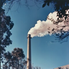 White smoke rises from a chimney above the trees, drifting against a clear blue sky.