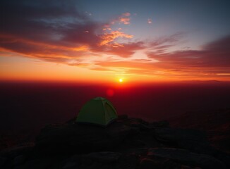 Mountain Peak Sunset Camping: Serene Tent View at Dusk in the Wilderness