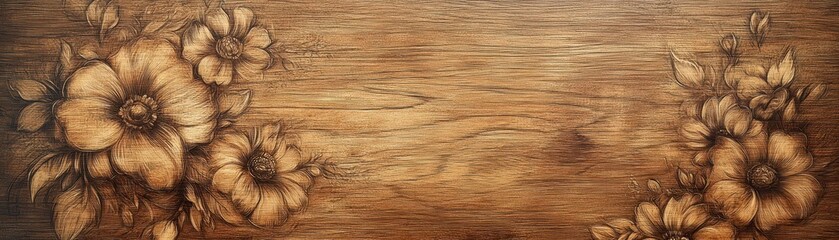 Obraz premium Aged wooden panel featuring engraved kimono floral motifs, blending natural textures with traditional art