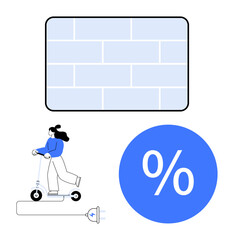 Woman riding electric scooter, charging station, energy efficiency symbol on blue circle, brick wall background. Ideal for urban mobility, clean energy, eco transportation, modern lifestyle