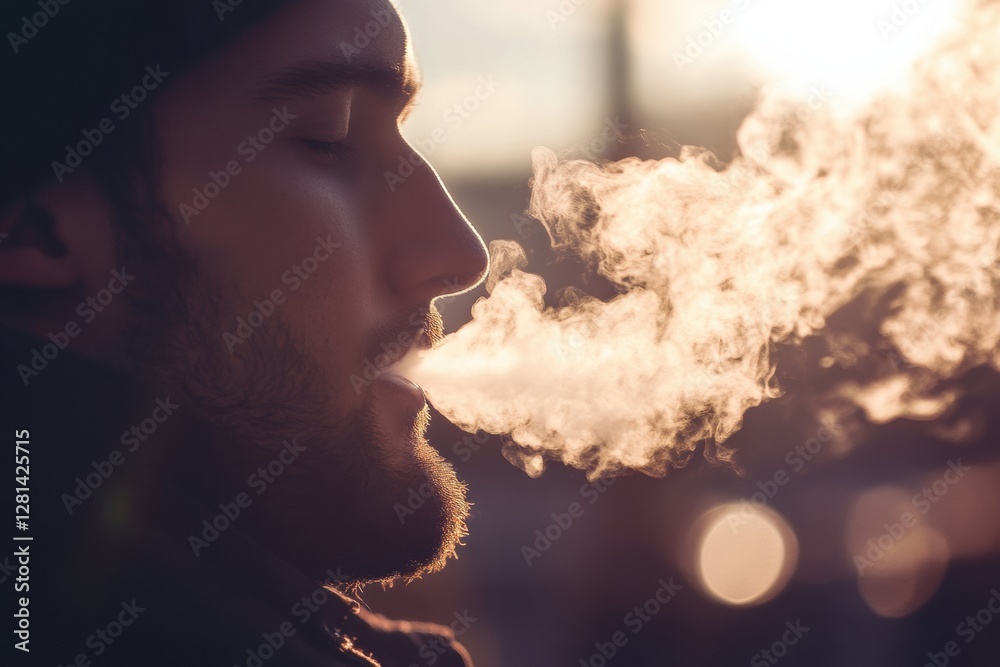 Leinwandbilder man exhales steam in cold weather during sunset in an urban setting with soft light and a tranquil a
