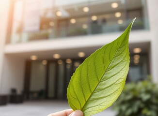 Vibrant Yellow-Green Leaf Held Up to City Building Facade Backdrop