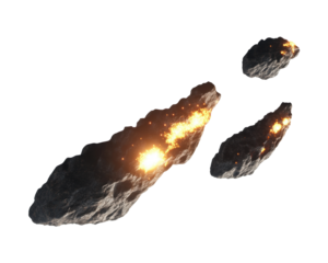 Three Cosmic Asteroids with Fiery Explosions Glowing in the Dark Space Background