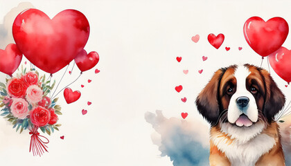watercolor saint bernard with heart balloons bouquet adorable saint bernard dogs watercolor art holding heart shaped balloons and bouquets symbolizes love loyalty affection happiness and vale
