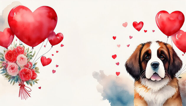 watercolor saint bernard with heart balloons bouquet adorable saint bernard dogs watercolor art holding heart shaped balloons and bouquets symbolizes love loyalty affection happiness and vale