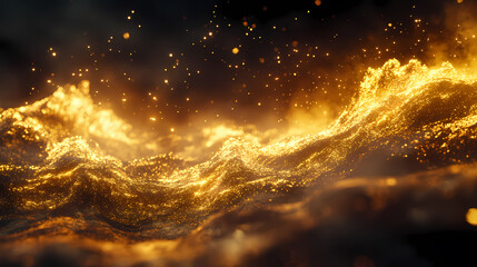Fototapeta premium Golden waves surge with celestial power, shimmering against dark, conveying sense of wonder and awe