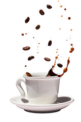 White cup with splashes of coffee and coffee beans on a trasparent background
