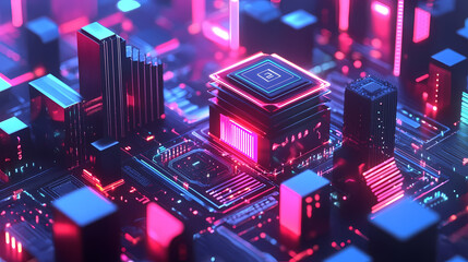 Fototapeta premium Futuristic central processor reflects neon lights, radiating power and innovation in digital world