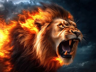 Fototapeta premium Majestic lion roaring with flames and stormy clouds in a dramatic, powerful scene.