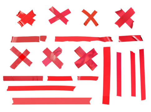 Realistic red cross adhesive tape, torn piece of cross masking tape isolated on a transparent PNG background, perfect for medical, emergency, or design projects.


