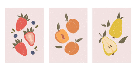 Fruits posters vector, kitchen posters design cartoon, fresh fruits, vegetables