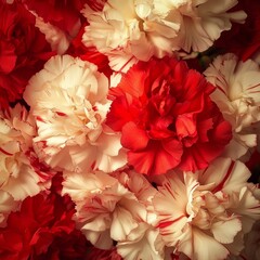 A beautiful red and cream carnation, displaying its delicate petals and vibrant contrast.