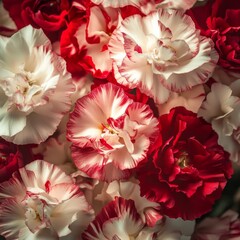 A beautiful red and cream carnation, displaying its delicate petals and vibrant contrast.