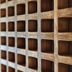 A close-up view of a wooden grid wall, showcasing its natural texture and geometric pattern.