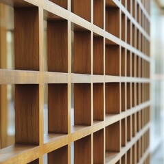 A close-up view of a wooden grid wall, showcasing its natural texture and geometric pattern.