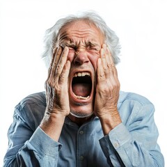 An elderly man screaming with his hands on his face, expressing shock or surprise.